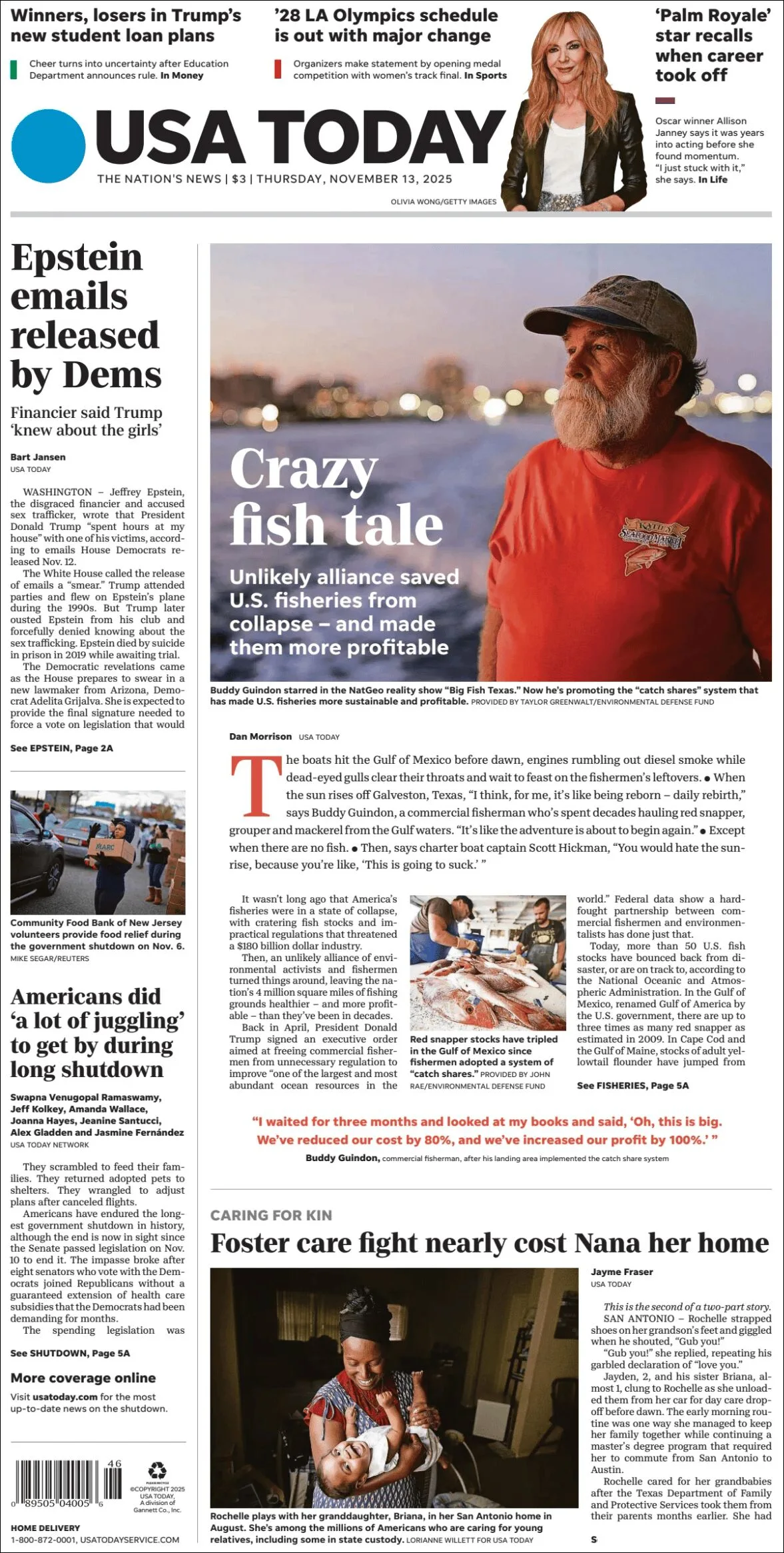 Portada de Usa Today del jueves, 13 de noviembre de 2025
