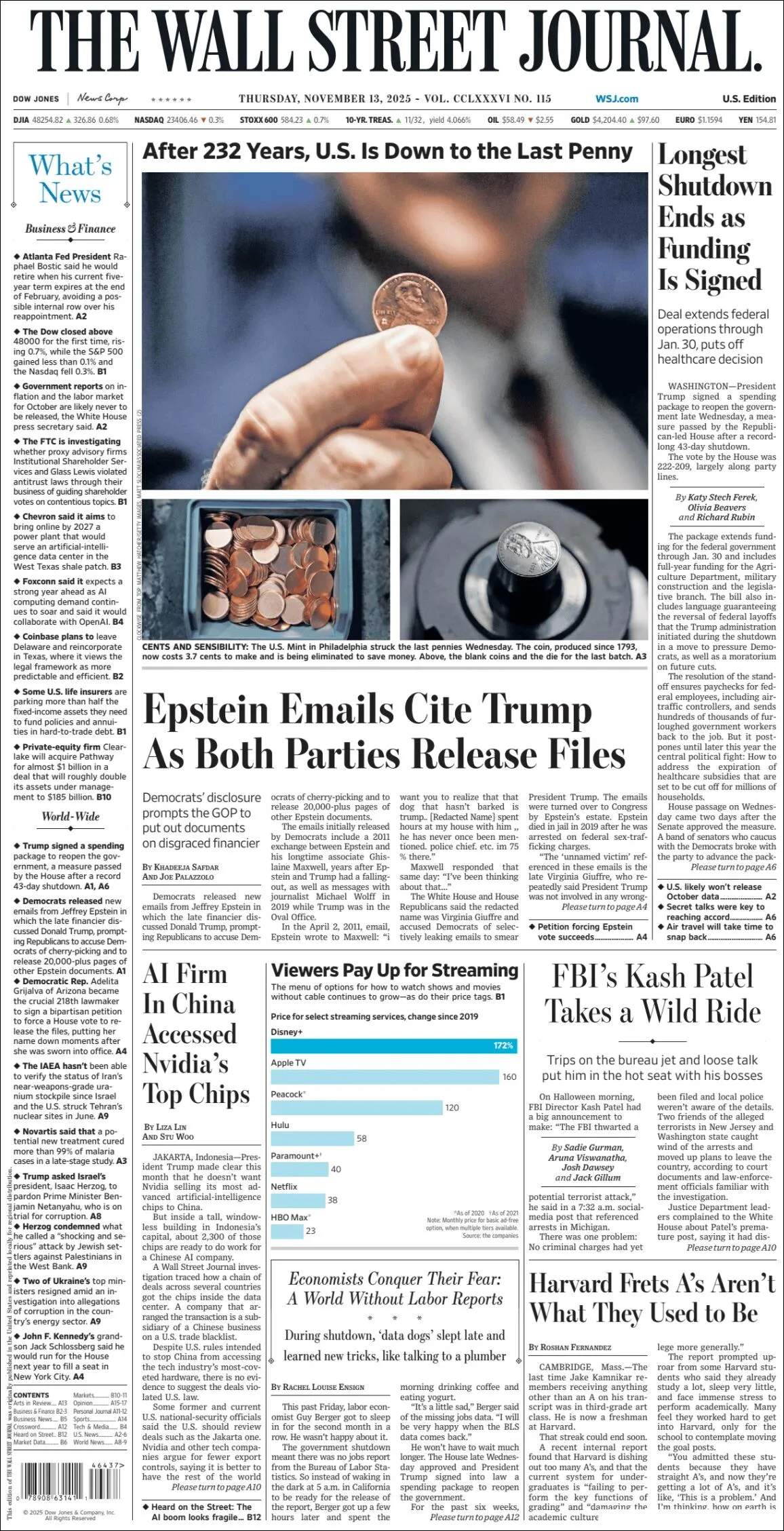 Portada de The Wall Street Journal del jueves, 13 de noviembre de 2025