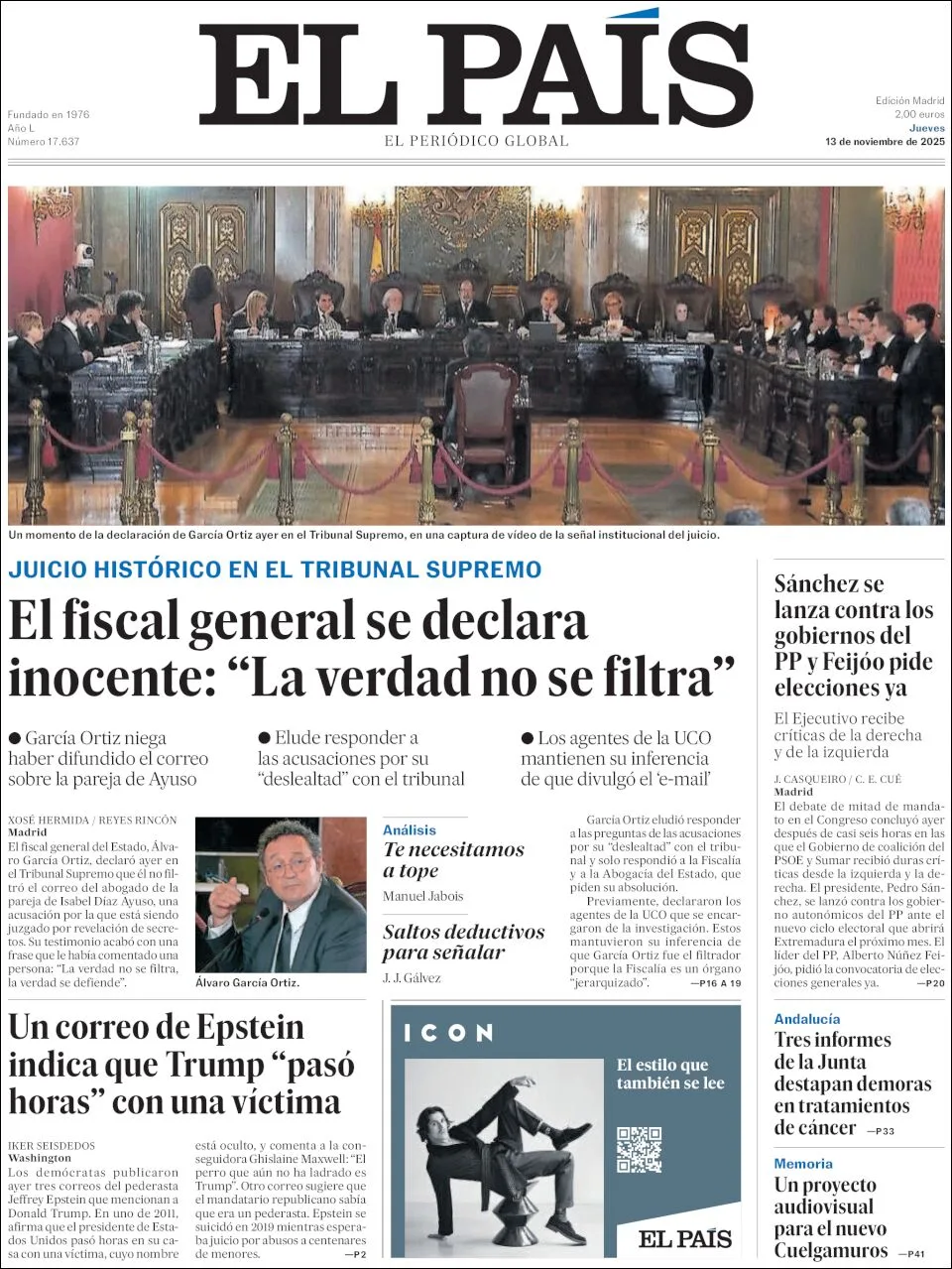 Portada de El Pais del jueves, 13 de noviembre de 2025