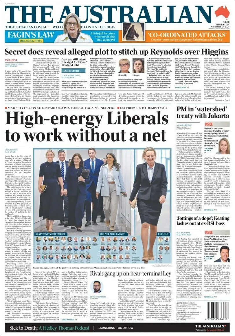 Portada de The Australian del jueves, 13 de noviembre de 2025