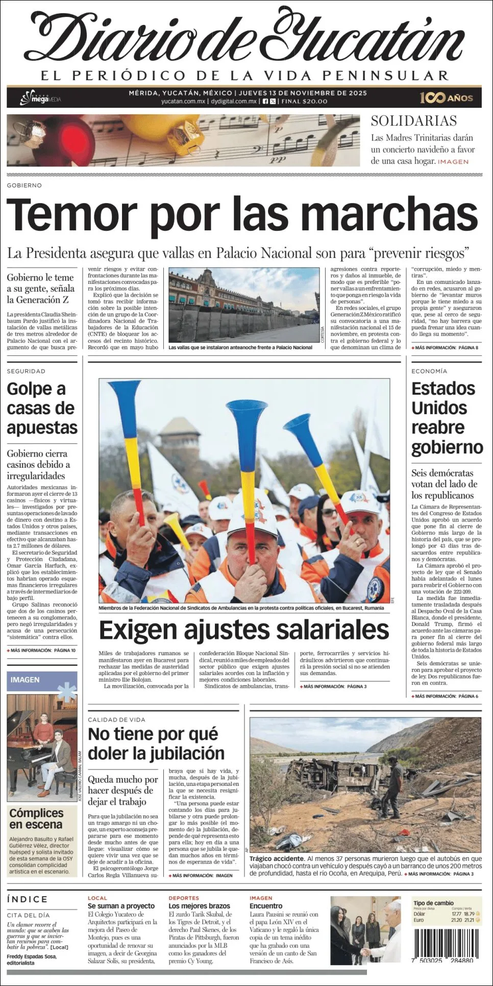 Portada de Diario de Yucatán del jueves, 13 de noviembre de 2025