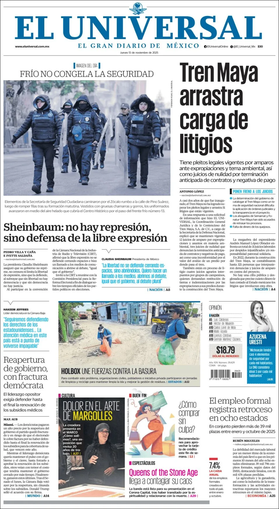 Portada de El Universal del jueves, 13 de noviembre de 2025