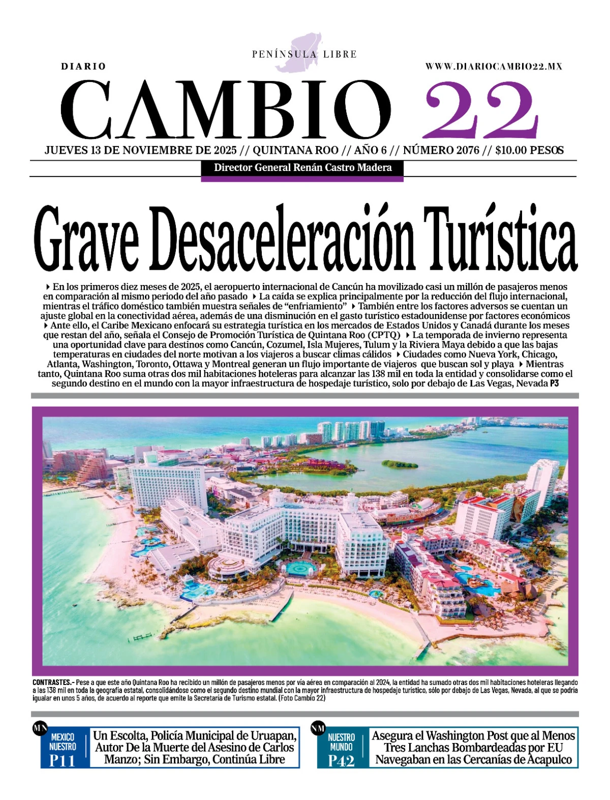 Portada de Diario Cambio 22 (portada) del jueves, 13 de noviembre de 2025