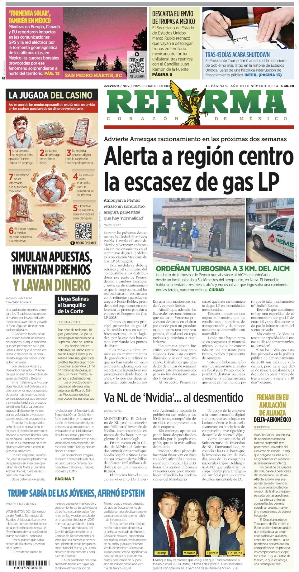 Portada de Reforma del jueves, 13 de noviembre de 2025