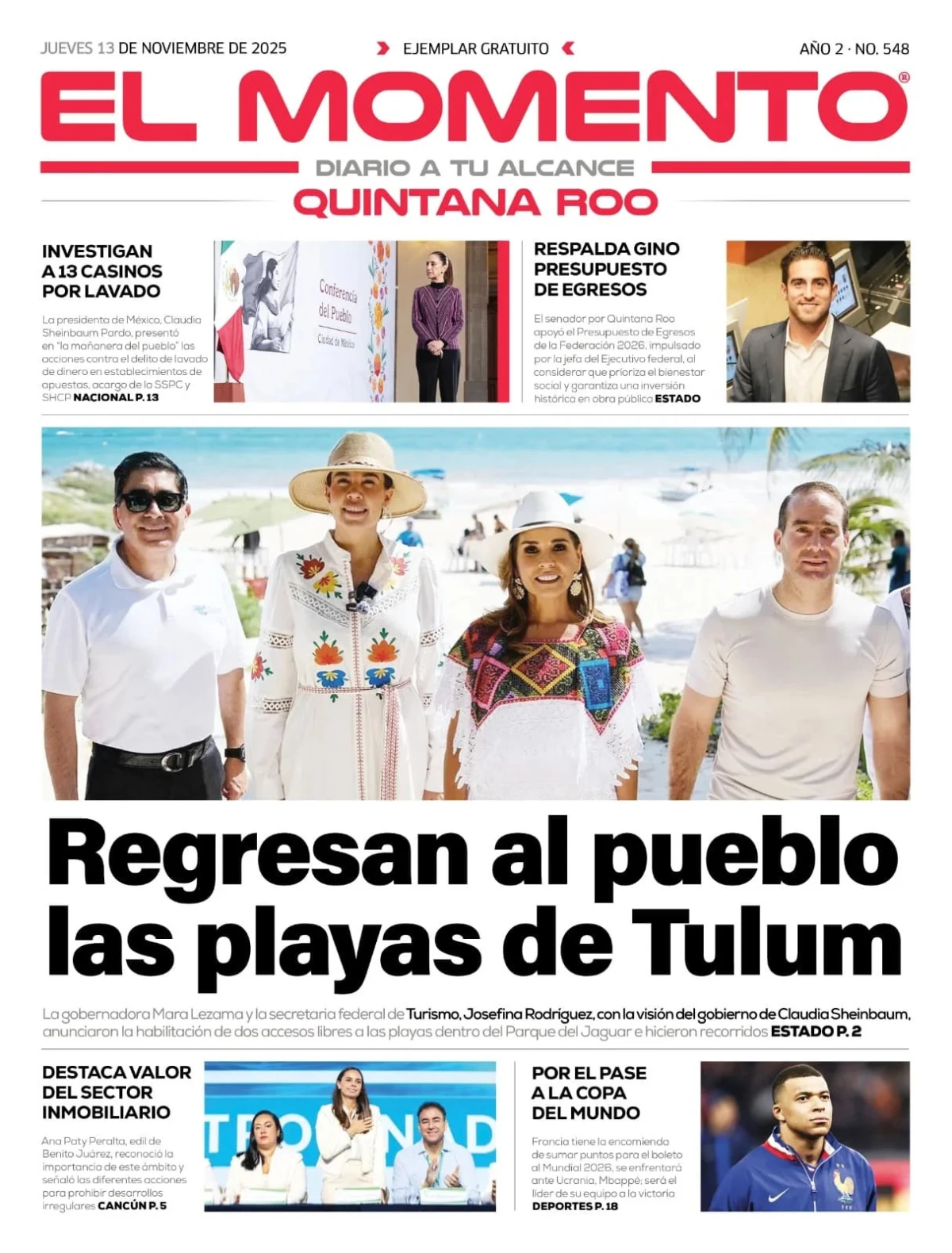 Portada de El Momento Quintana Roo del jueves, 13 de noviembre de 2025