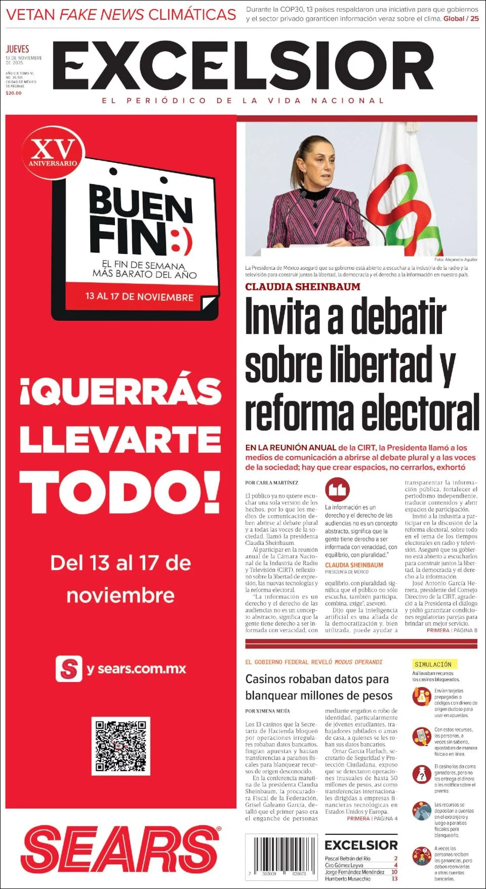 Portada de Excelsior del jueves, 13 de noviembre de 2025