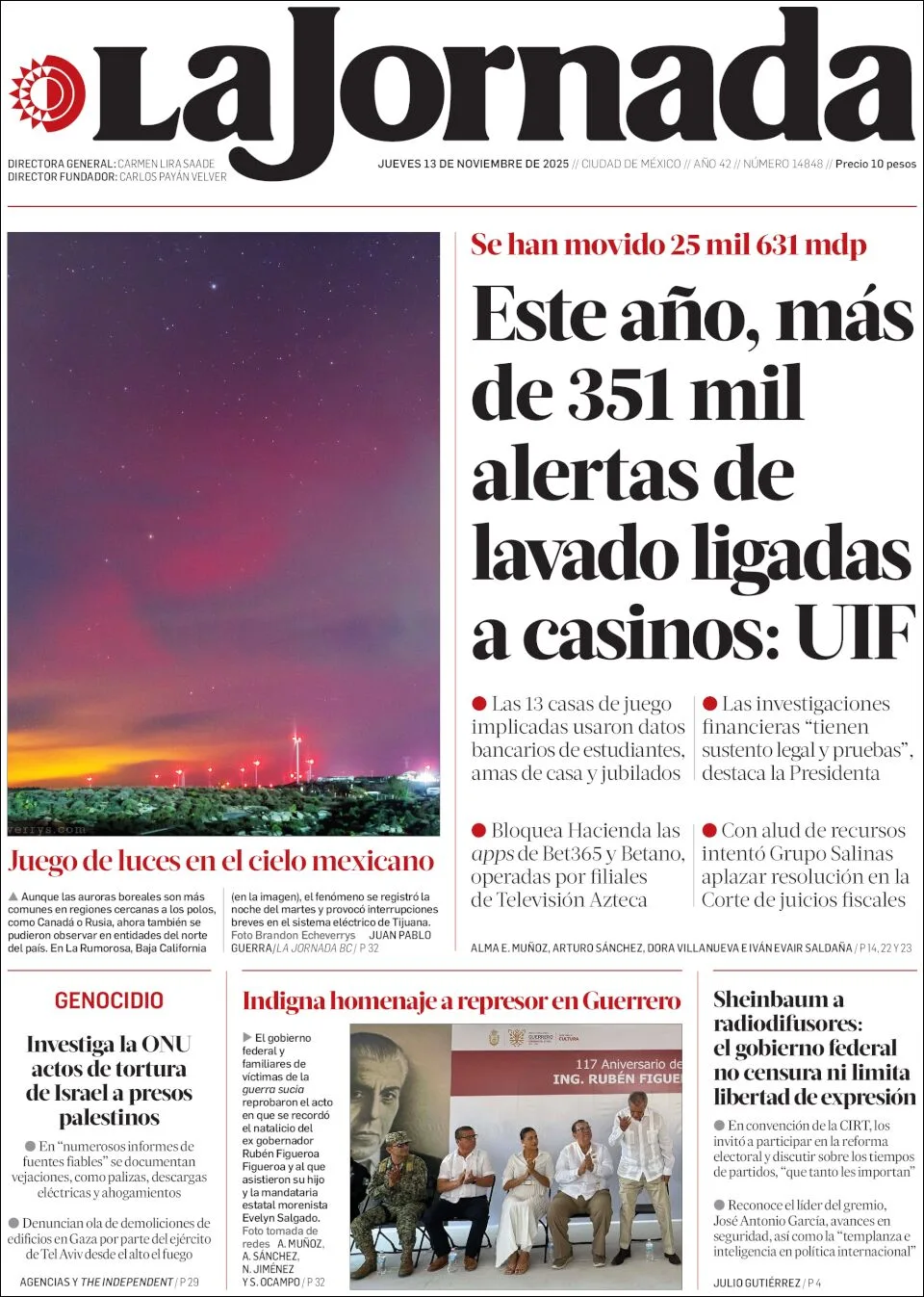 Portada de La Jornada del jueves, 13 de noviembre de 2025