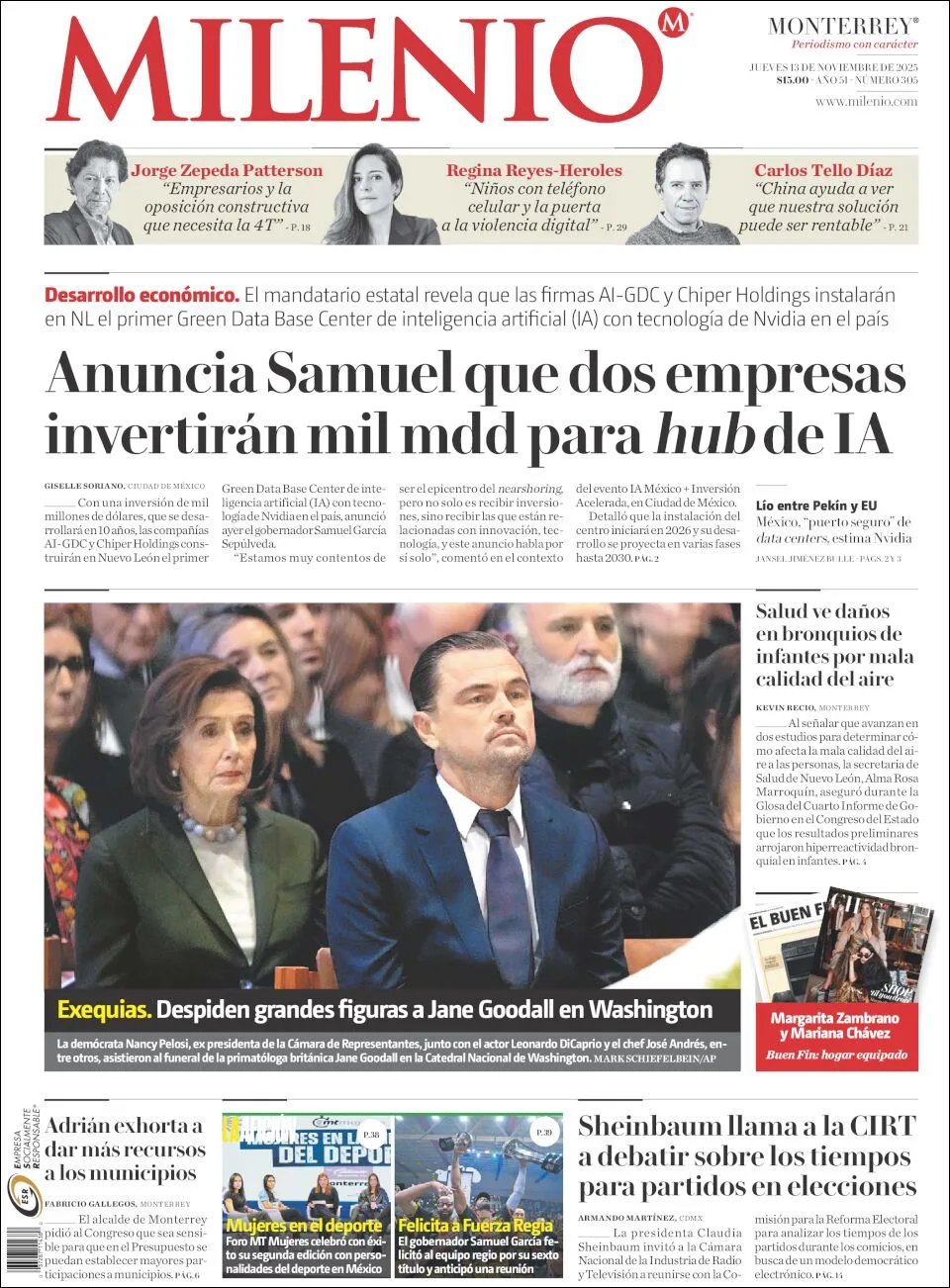 Portada de Milenio del jueves, 13 de noviembre de 2025