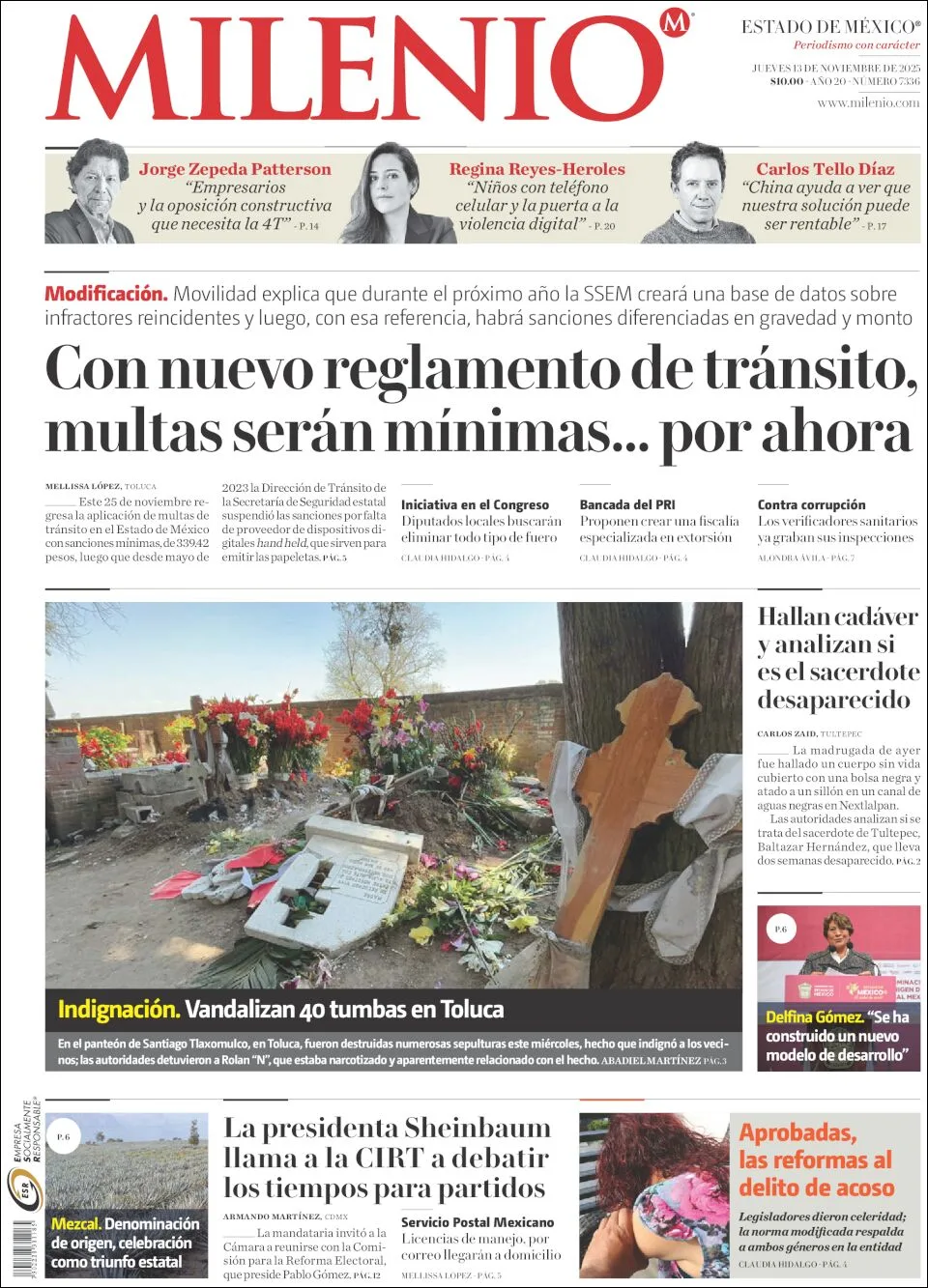 Portada de Milenio Edo de Mexico del jueves, 13 de noviembre de 2025