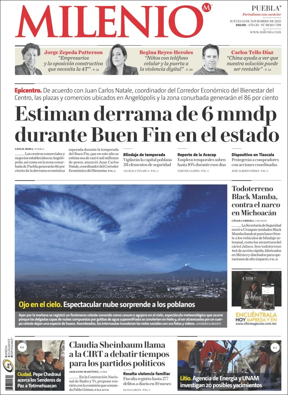 Portada de Milenio Puebla del jueves, 13 de noviembre de 2025