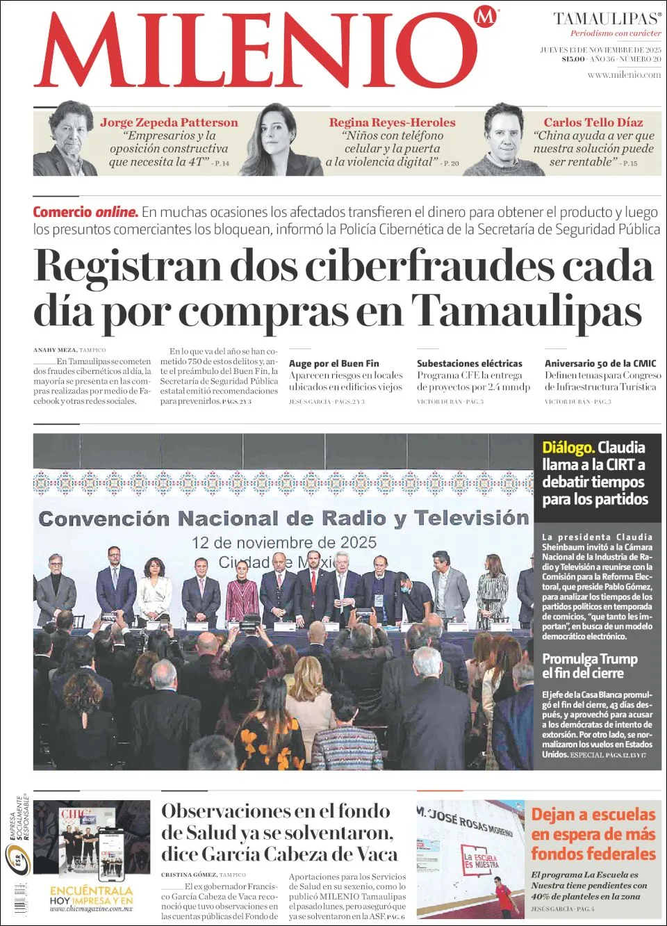 Portada de Milenio Tamaulipas del jueves, 13 de noviembre de 2025