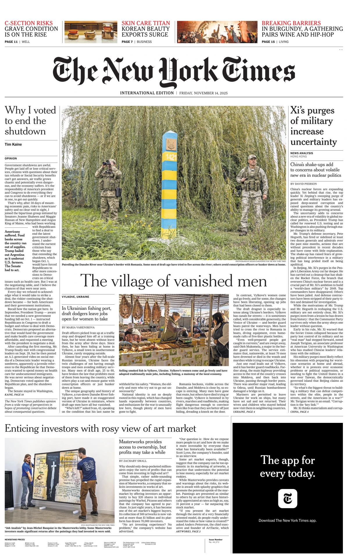 Portada de The New York Times (international) del viernes, 14 de noviembre de 2025