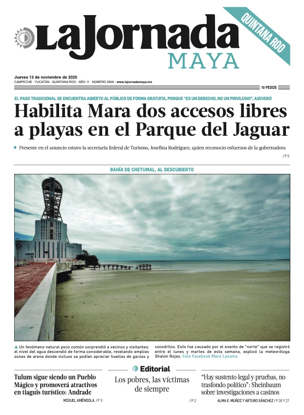 Portada de La Jornada Maya Quintana Roo del jueves, 13 de noviembre de 2025