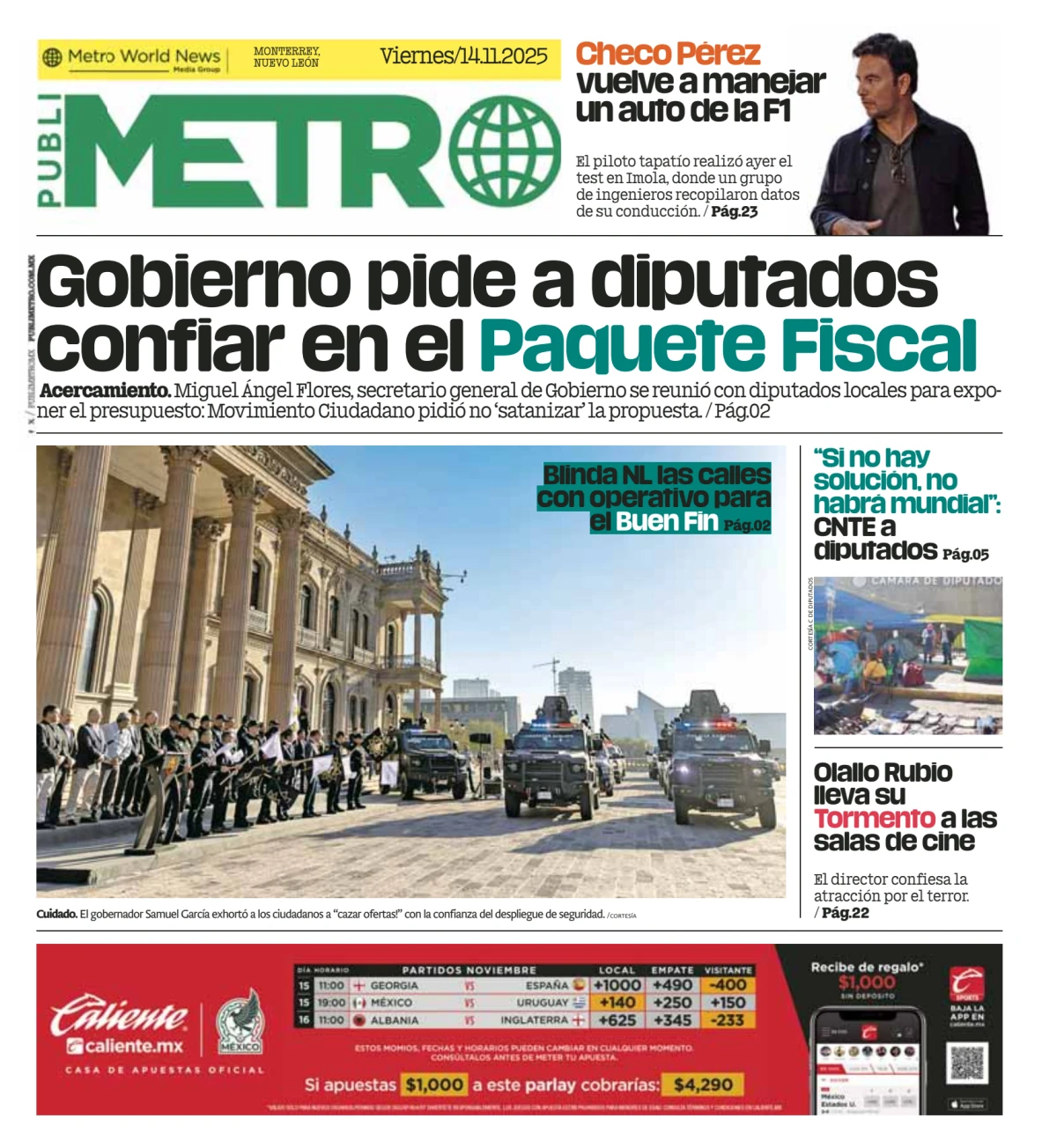 Portada de Publimetro Monterrey del viernes, 14 de noviembre de 2025