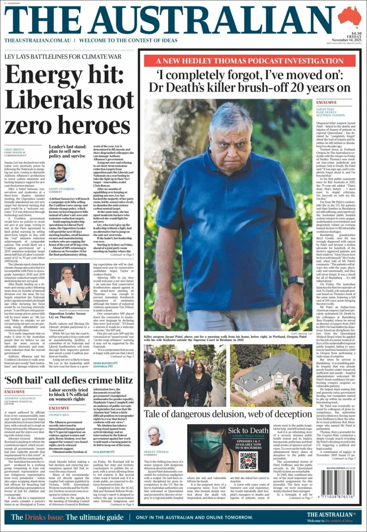 Portada de The Australian del viernes, 14 de noviembre de 2025