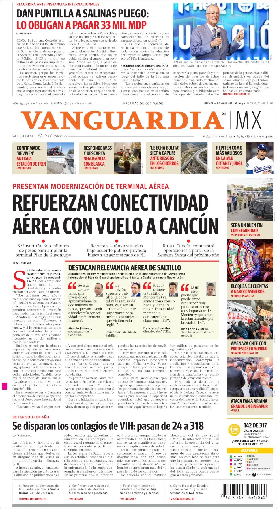 Portada de Vanguardia del viernes, 14 de noviembre de 2025