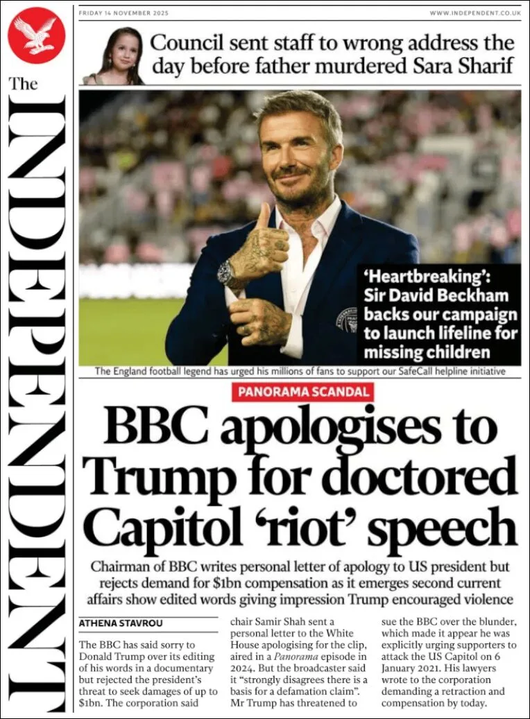 Portada de The Independent del viernes, 14 de noviembre de 2025