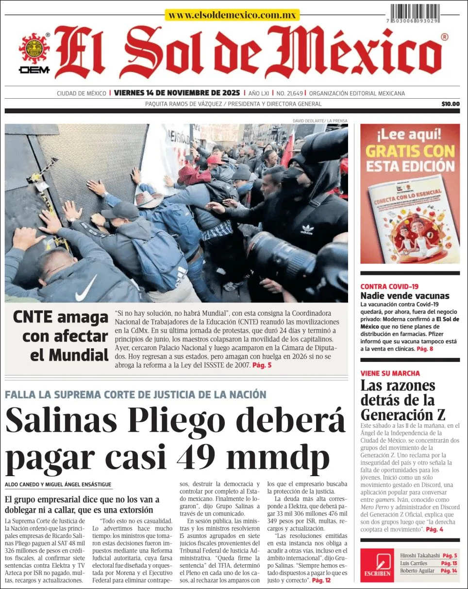 Portada de El Sol de Mexico del viernes, 14 de noviembre de 2025