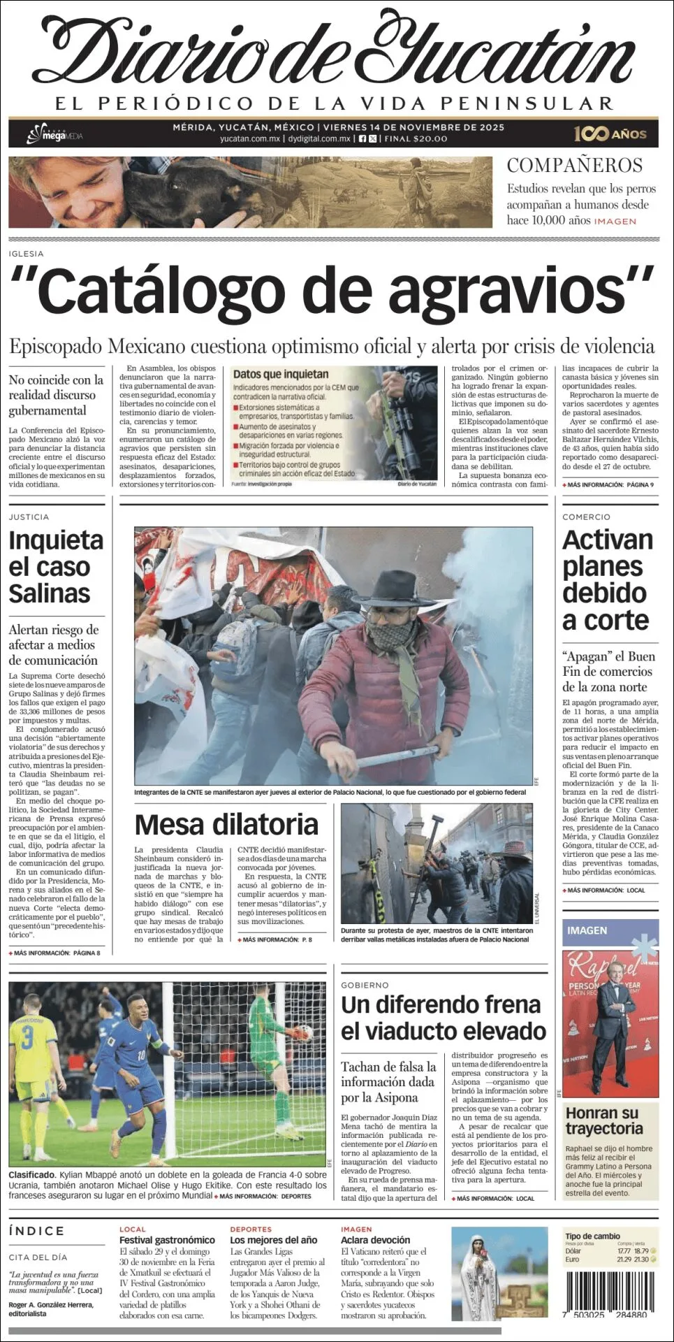 Portada de Diario de Yucatán del viernes, 14 de noviembre de 2025