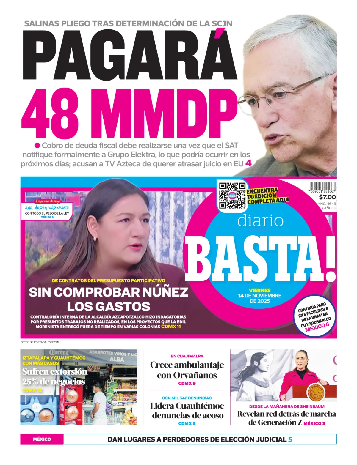 Portada de Basta! (portada) del viernes, 14 de noviembre de 2025