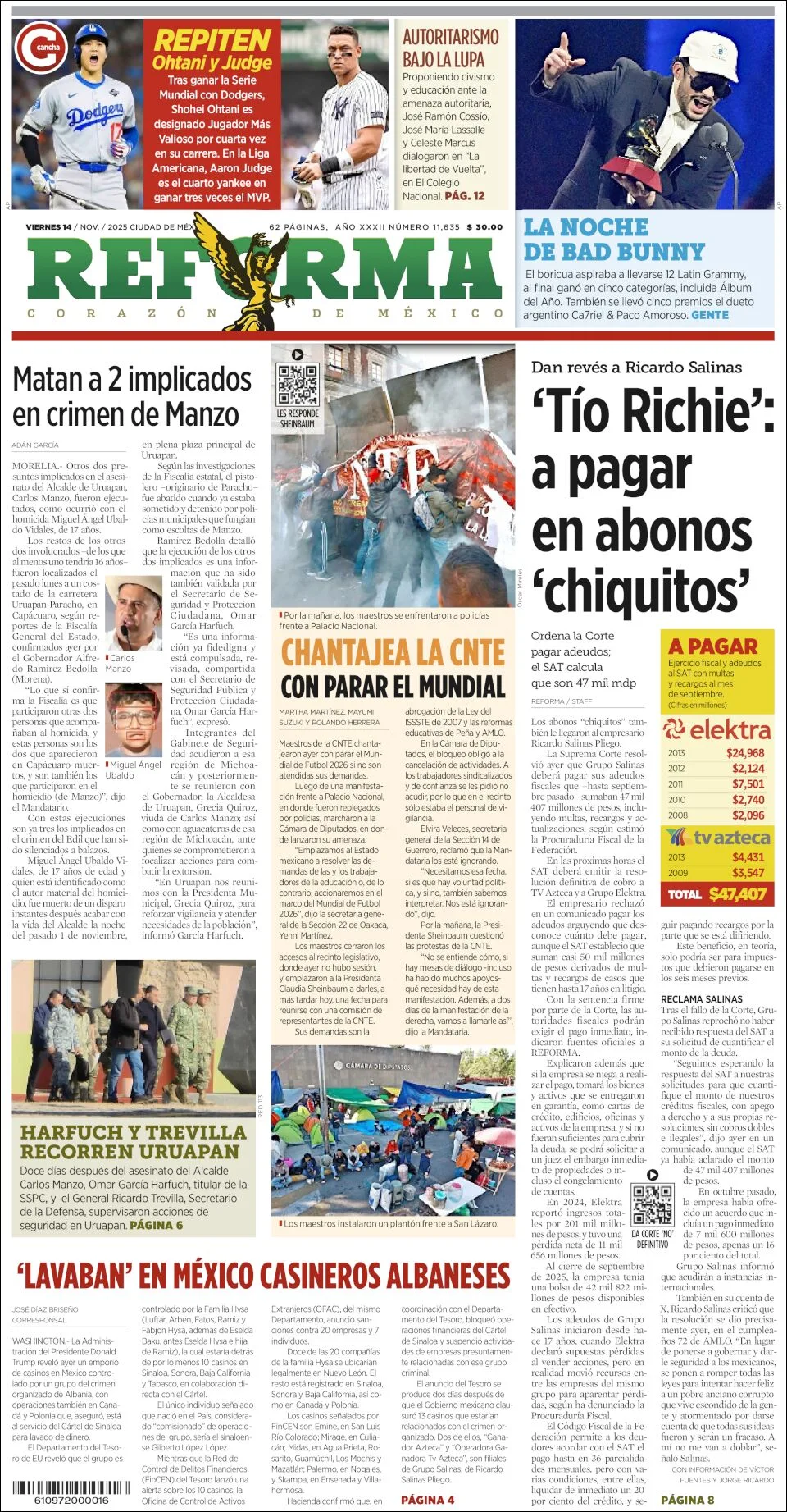 Portada de Reforma del viernes, 14 de noviembre de 2025