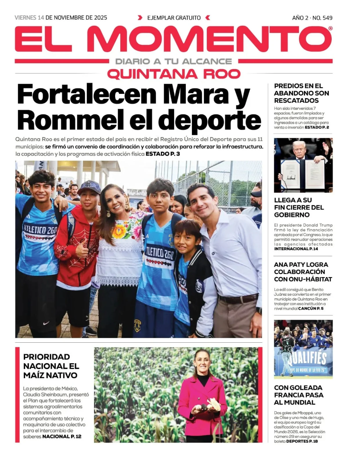 Portada de El Momento Quintana Roo del viernes, 14 de noviembre de 2025