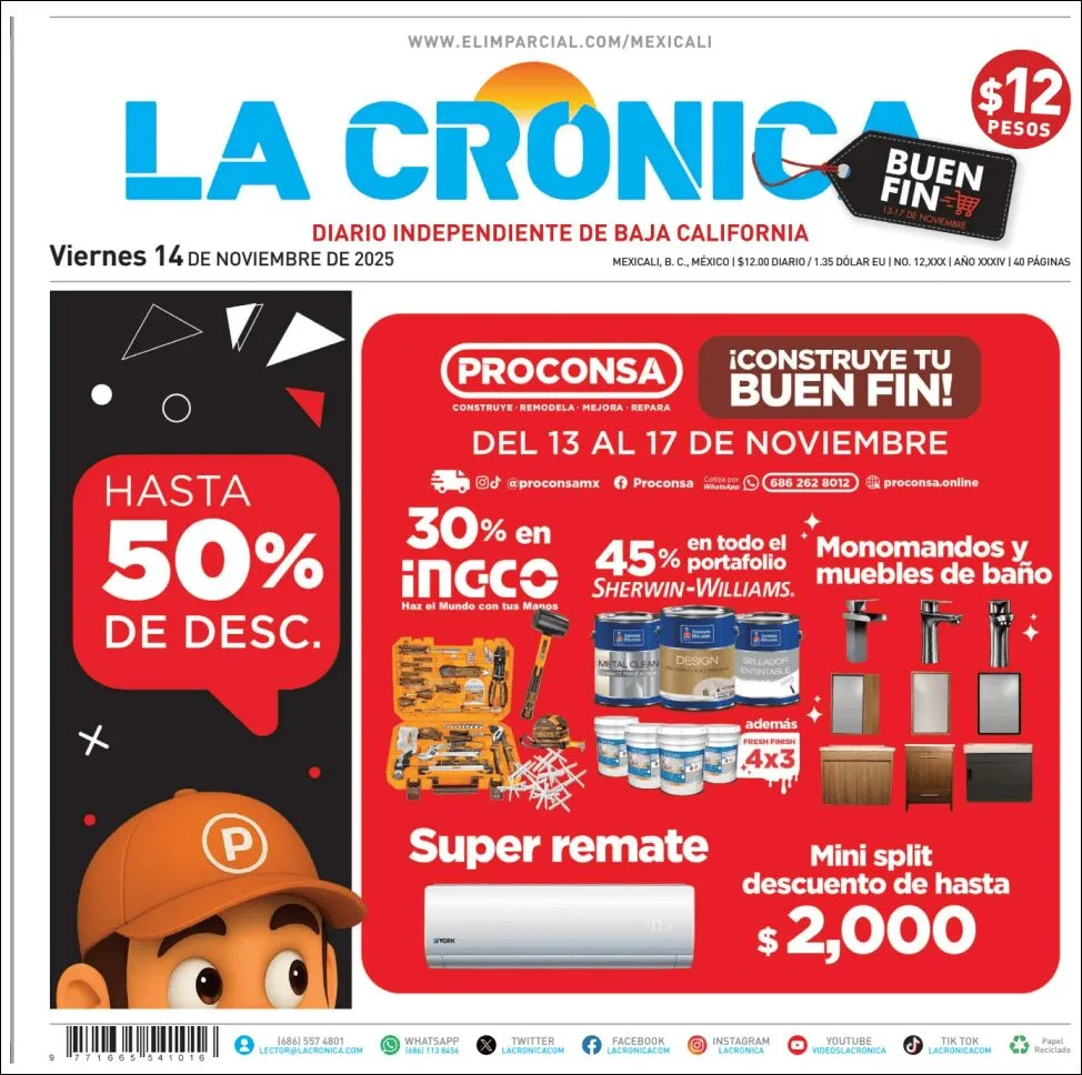 Portada de La Cronica del viernes, 14 de noviembre de 2025