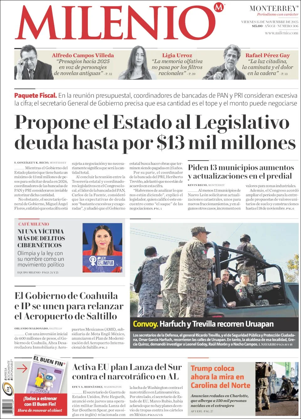 Portada de Milenio del viernes, 14 de noviembre de 2025