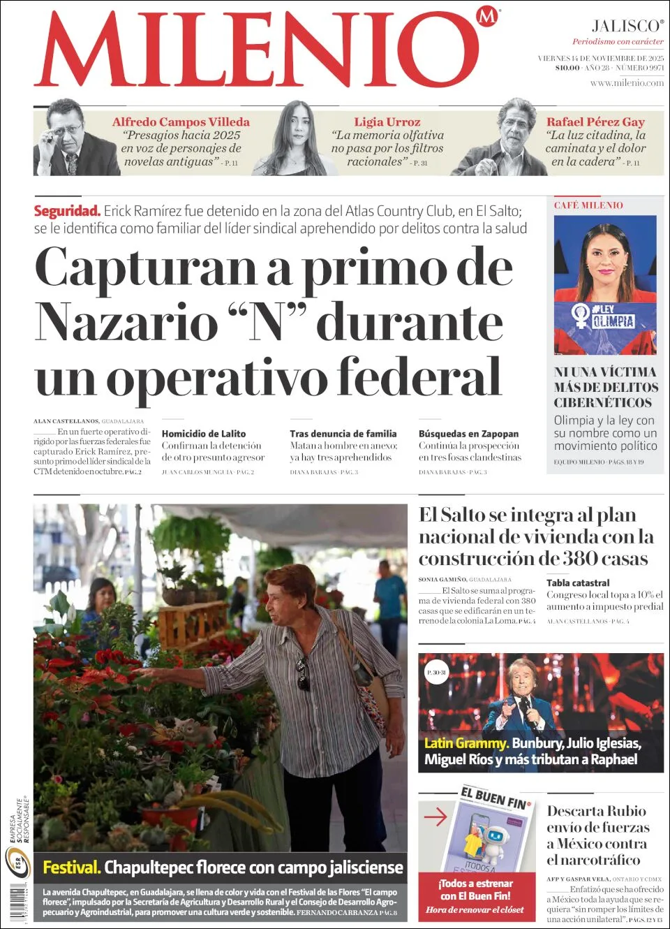 Portada de Milenio Jalisco del viernes, 14 de noviembre de 2025