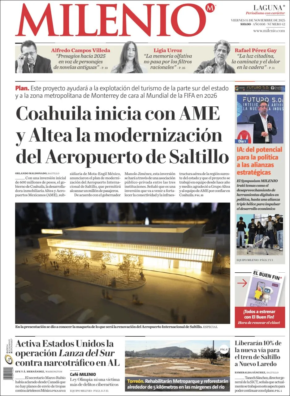 Portada de Milenio Laguna del viernes, 14 de noviembre de 2025