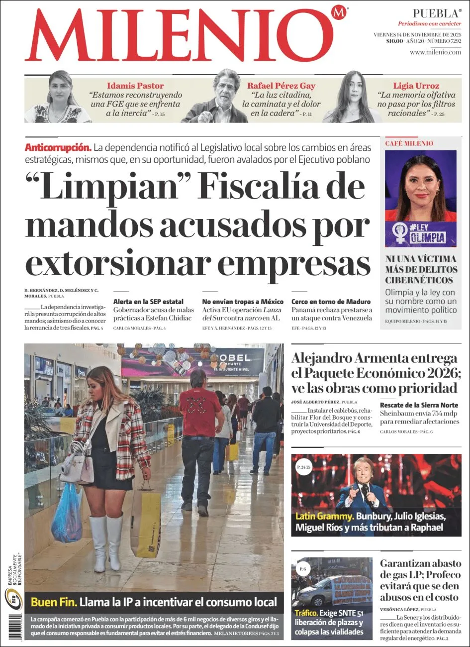 Portada de Milenio Puebla del viernes, 14 de noviembre de 2025