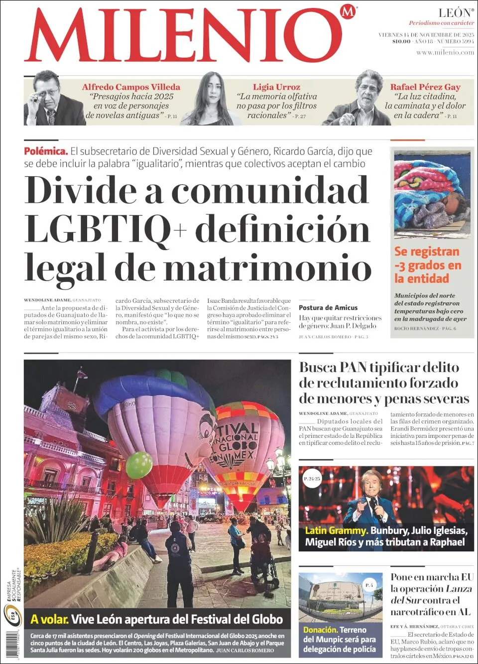Portada de Milenio Leon del viernes, 14 de noviembre de 2025