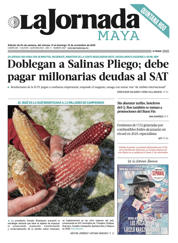 Portada de La Jornada Maya Quintana Roo del viernes, 14 de noviembre de 2025