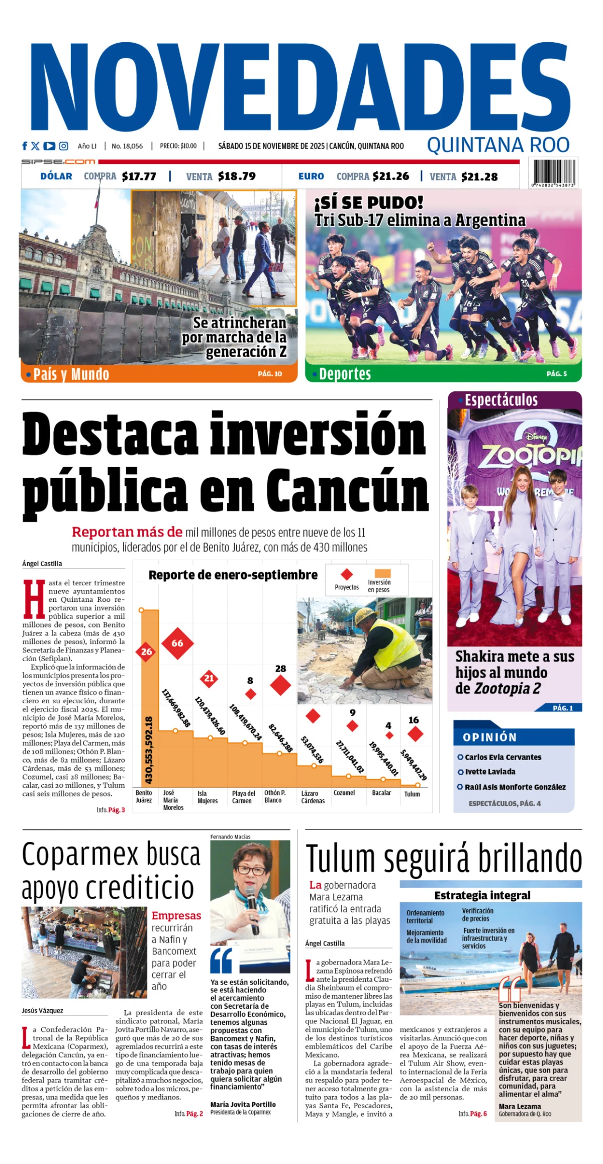Portada de Novedades Quintana Roo del sábado, 15 de noviembre de 2025