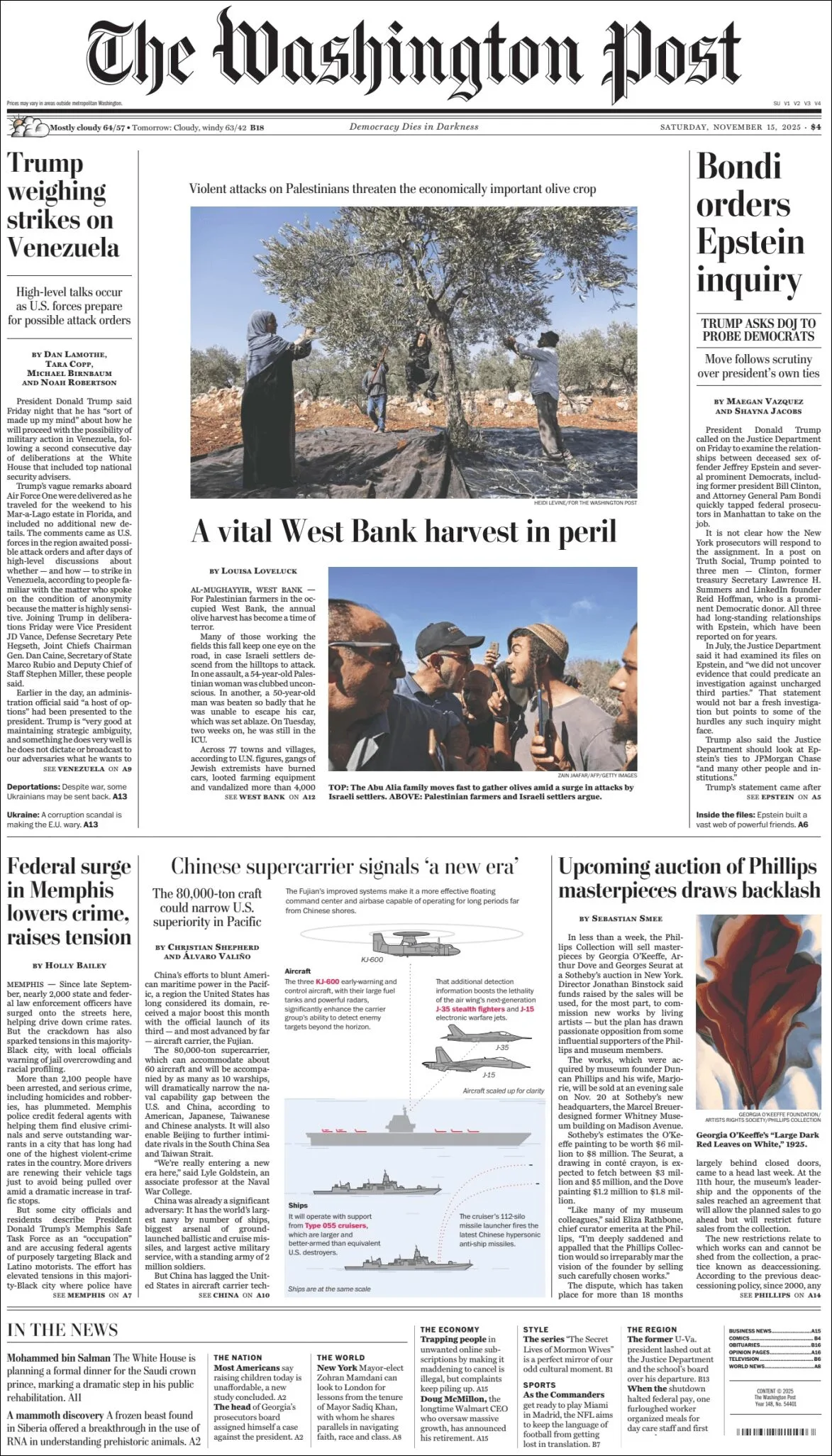 Portada de The Washington Post del sábado, 15 de noviembre de 2025