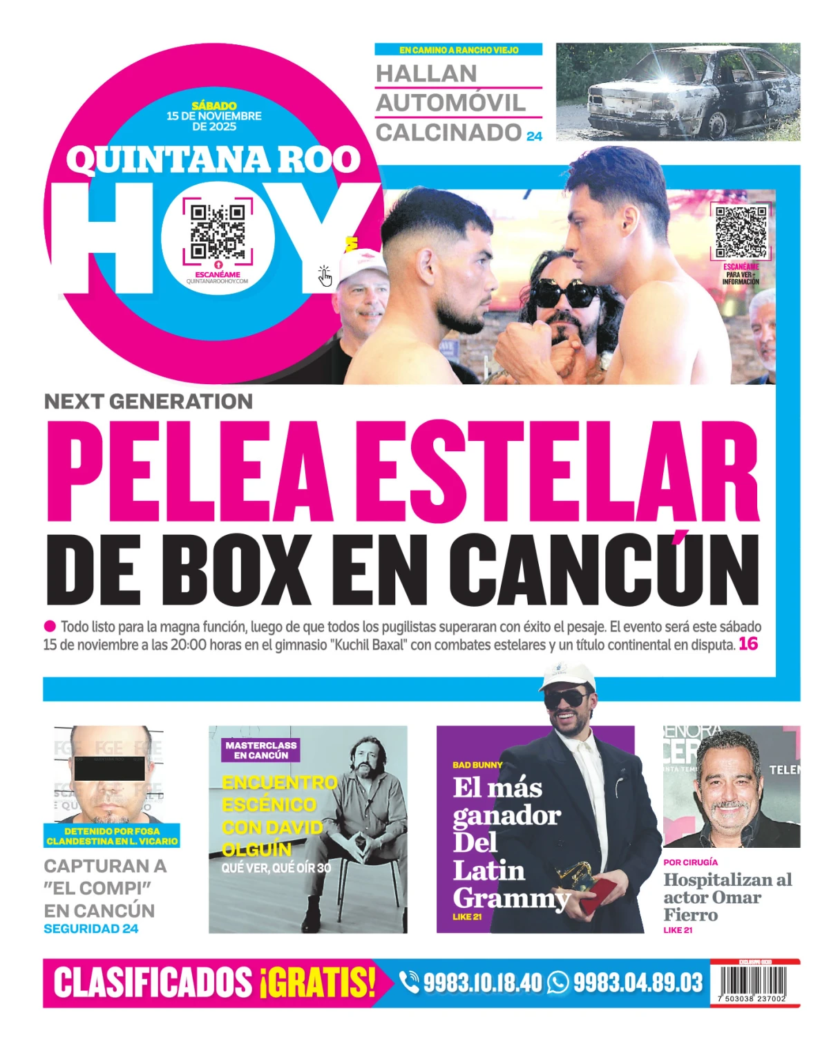 Portada de Quintana Roo Hoy (contraportada) del sábado, 15 de noviembre de 2025