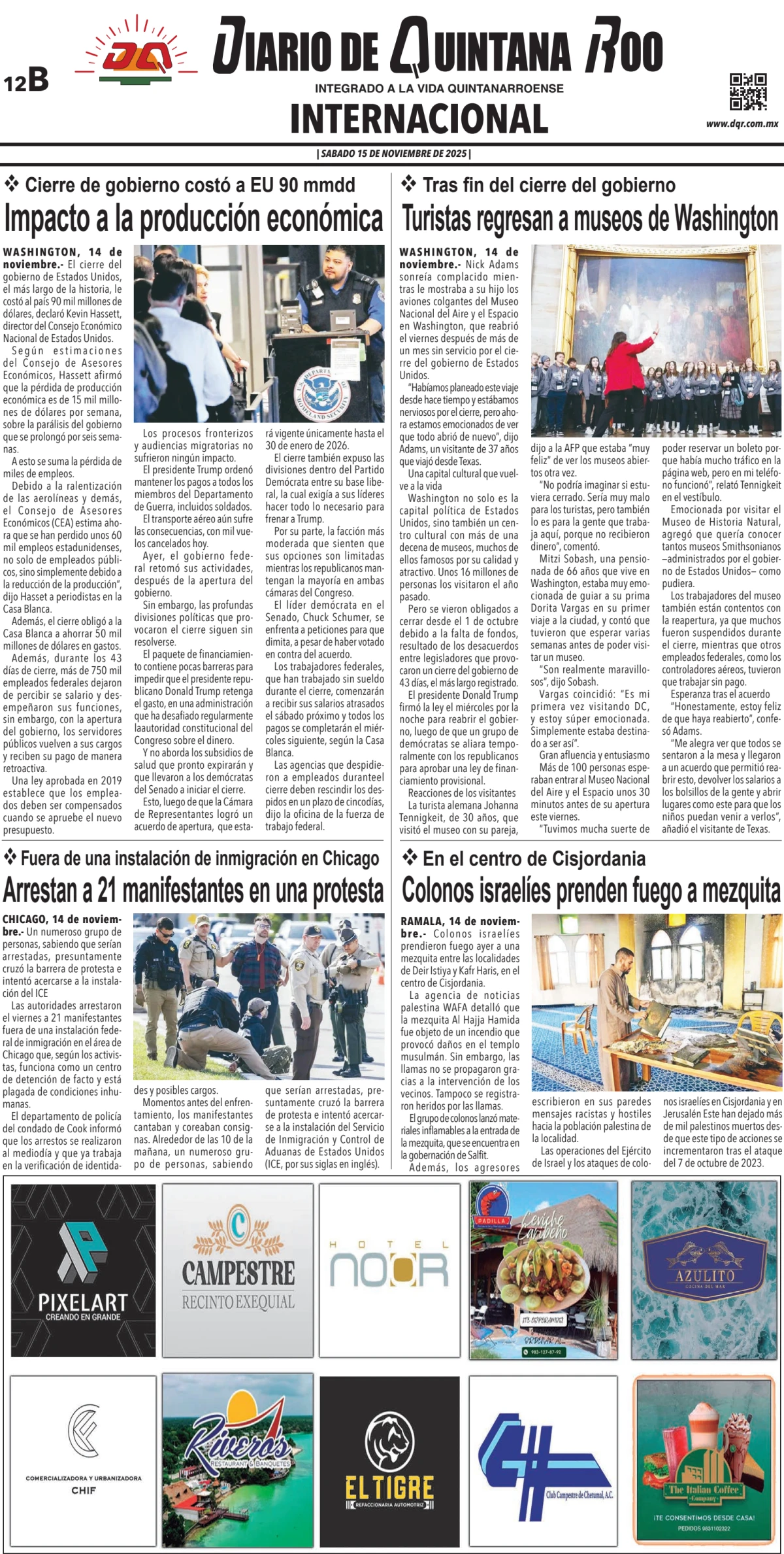 Portada de Diario de Quintana Roo (contra Portada) del sábado, 15 de noviembre de 2025