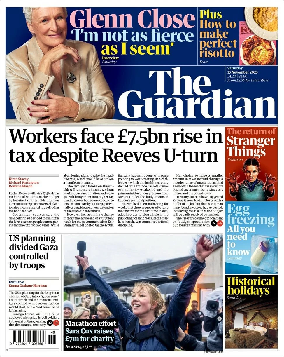 Portada de The Guardian (reino Unido) del sábado, 15 de noviembre de 2025