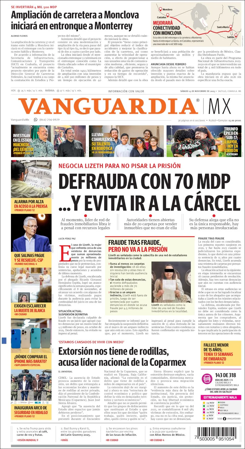 Portada de Vanguardia del sábado, 15 de noviembre de 2025