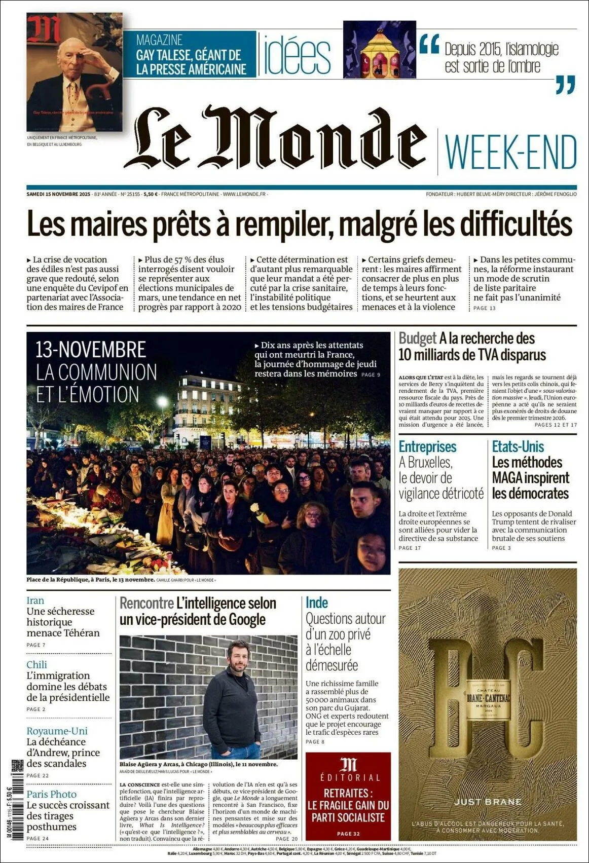 Portada de Le Monde del sábado, 15 de noviembre de 2025