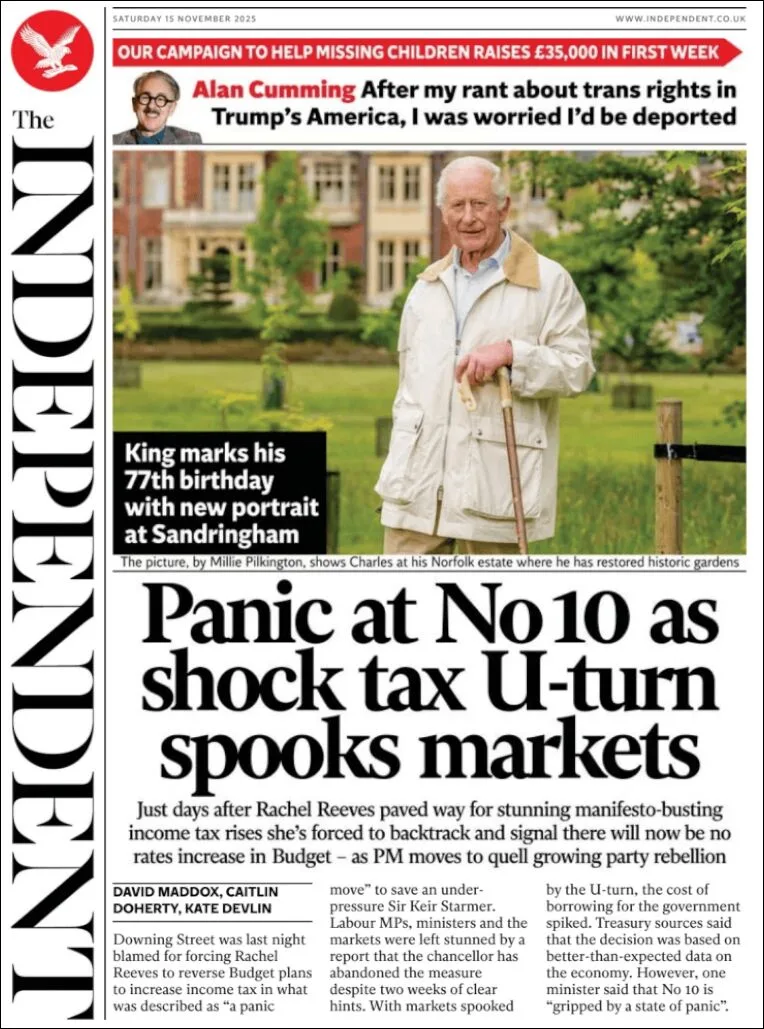 Portada de The Independent del sábado, 15 de noviembre de 2025