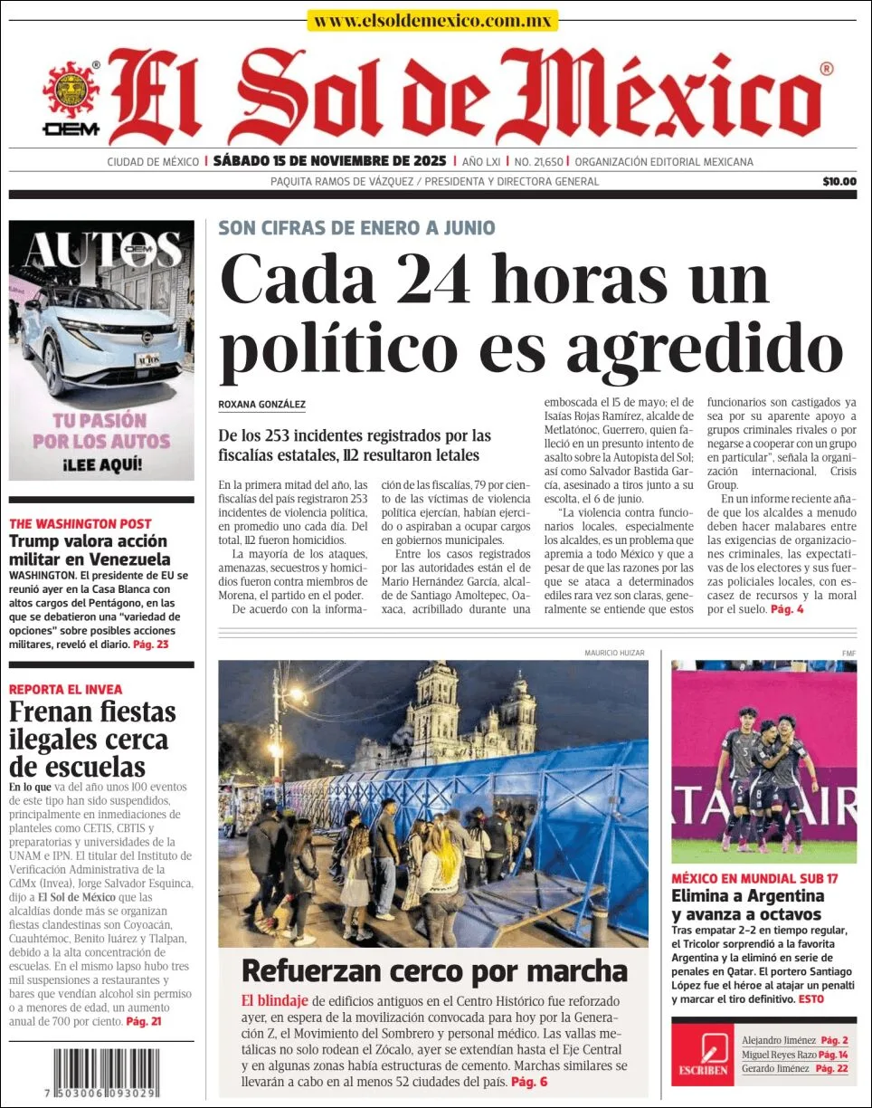 Portada de El Sol de Mexico del sábado, 15 de noviembre de 2025