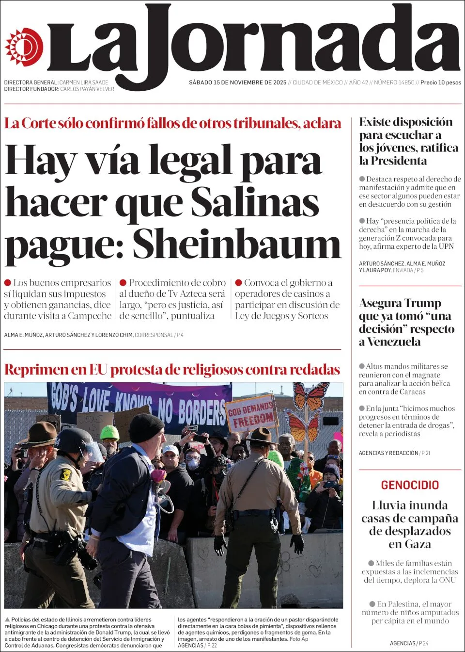 Portada de La Jornada del sábado, 15 de noviembre de 2025