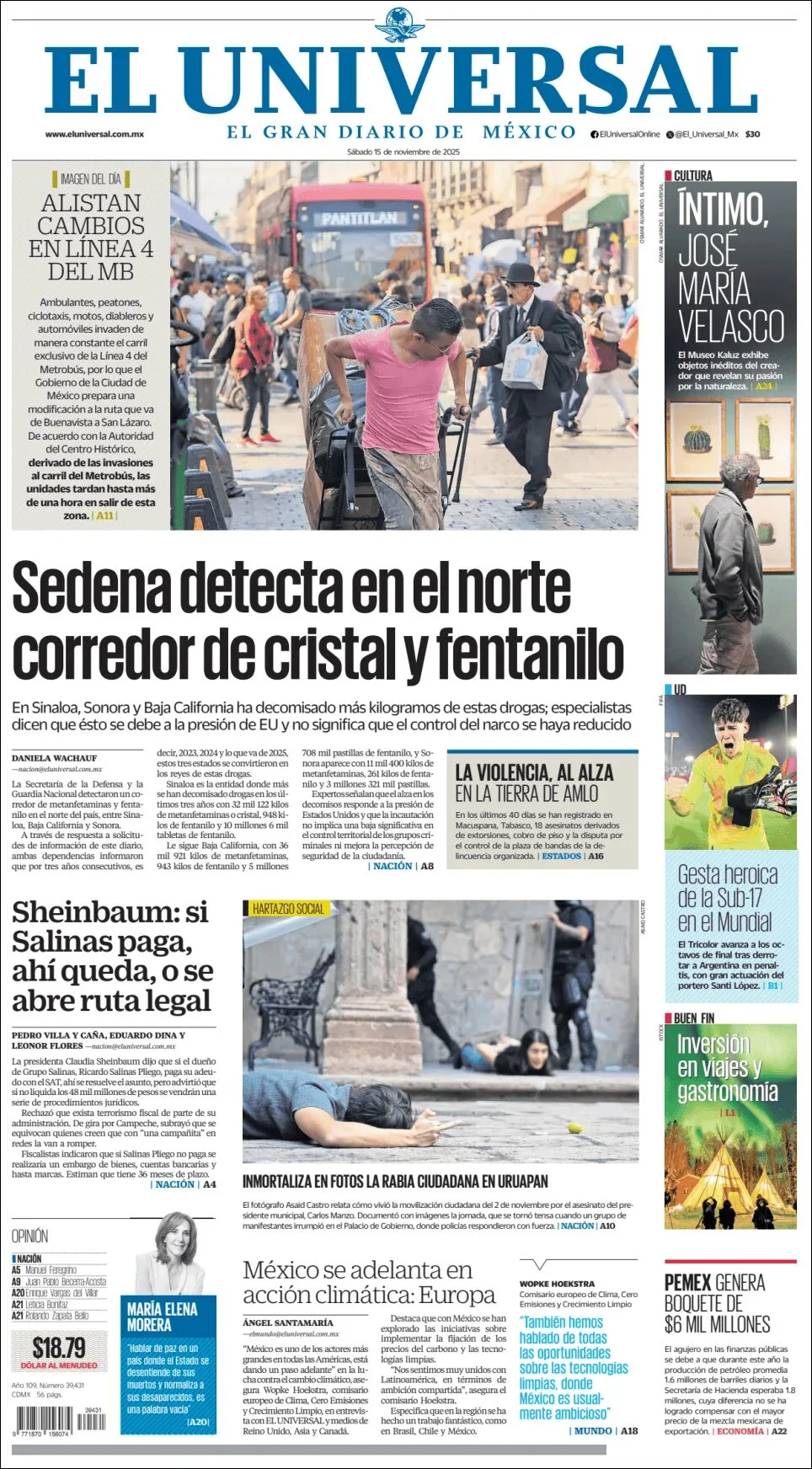 Portada de El Universal del sábado, 15 de noviembre de 2025