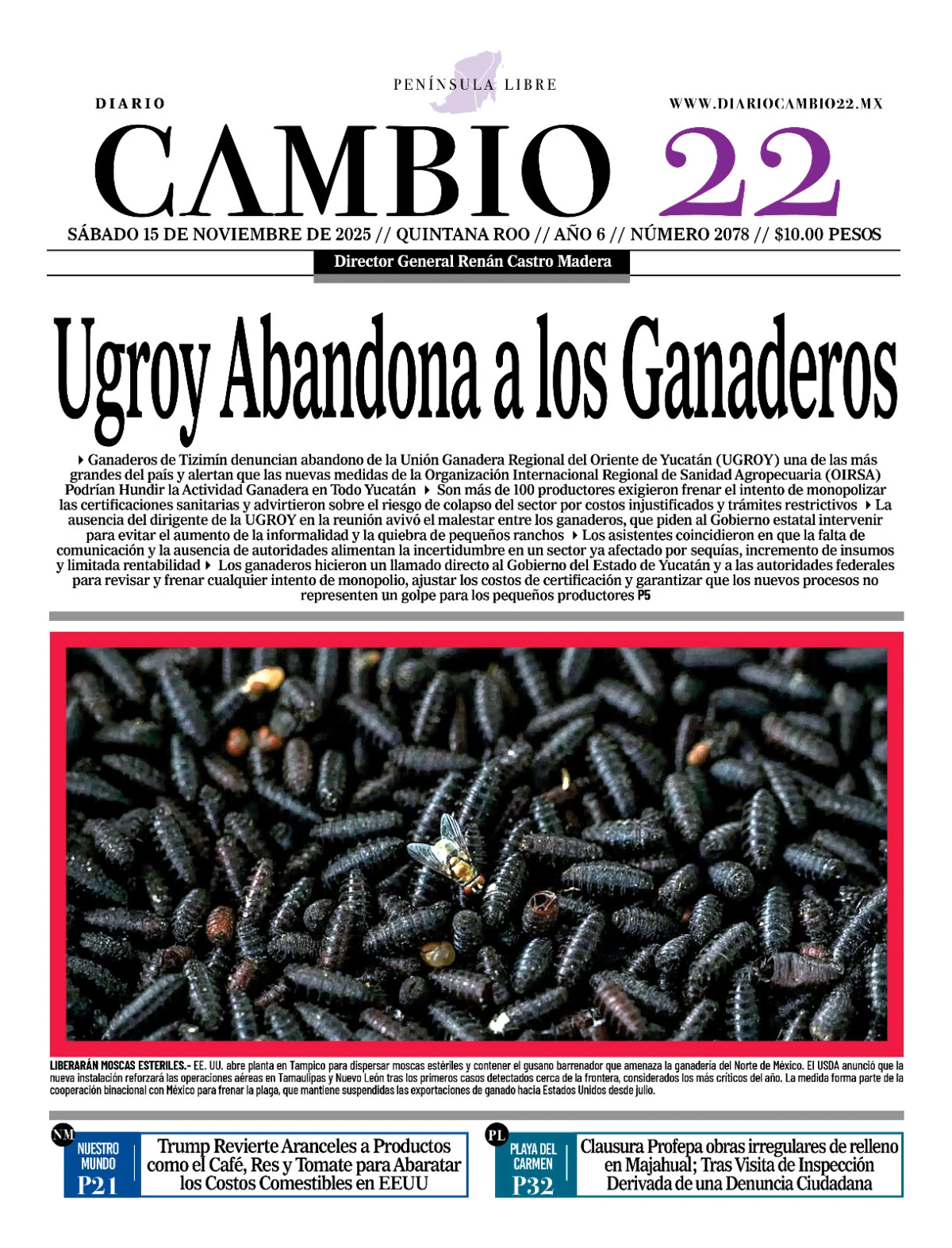 Portada de Diario Cambio 22 (contraportada) del sábado, 15 de noviembre de 2025