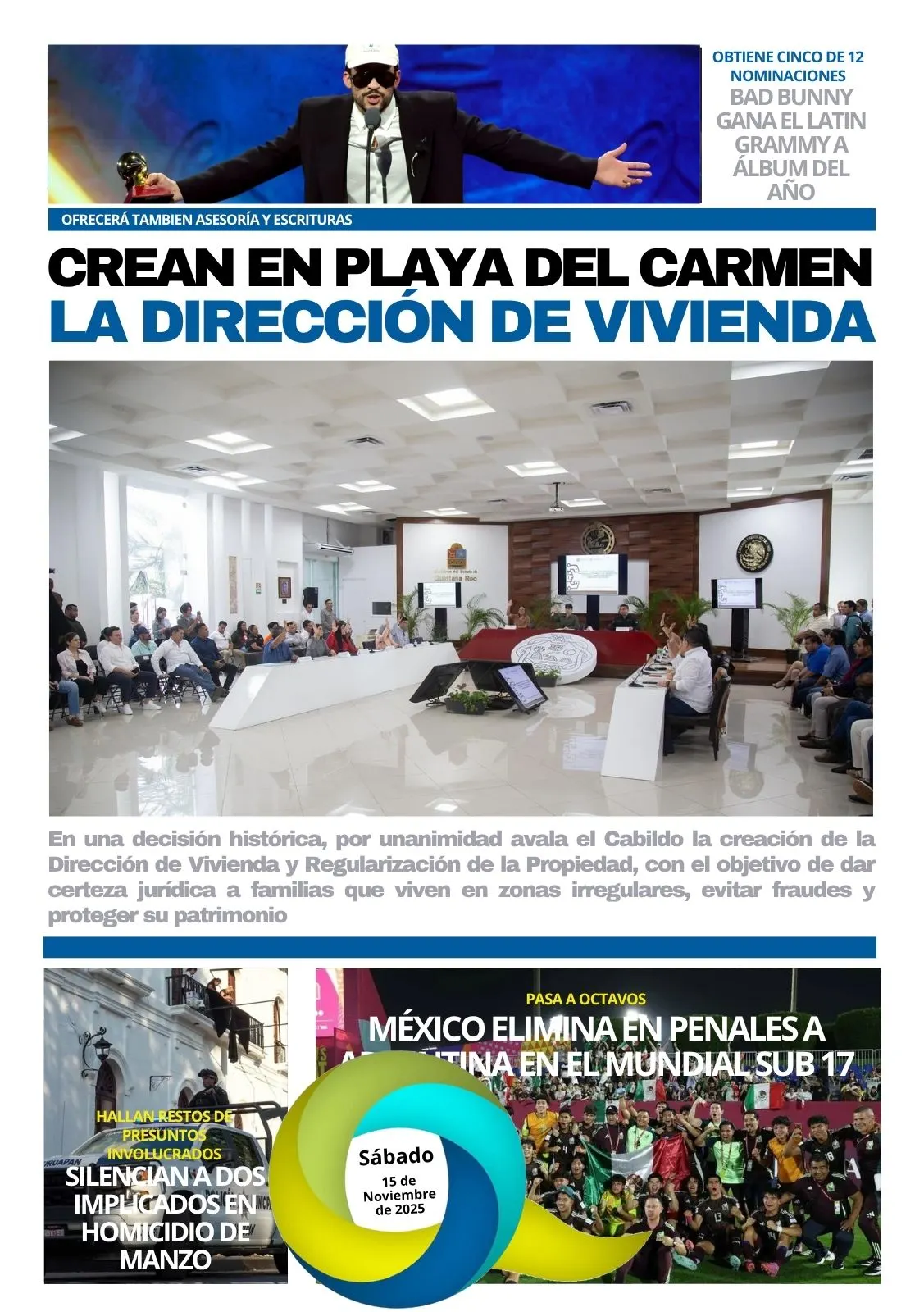 Portada de El Quintana Roo (contraportada) del sábado, 15 de noviembre de 2025