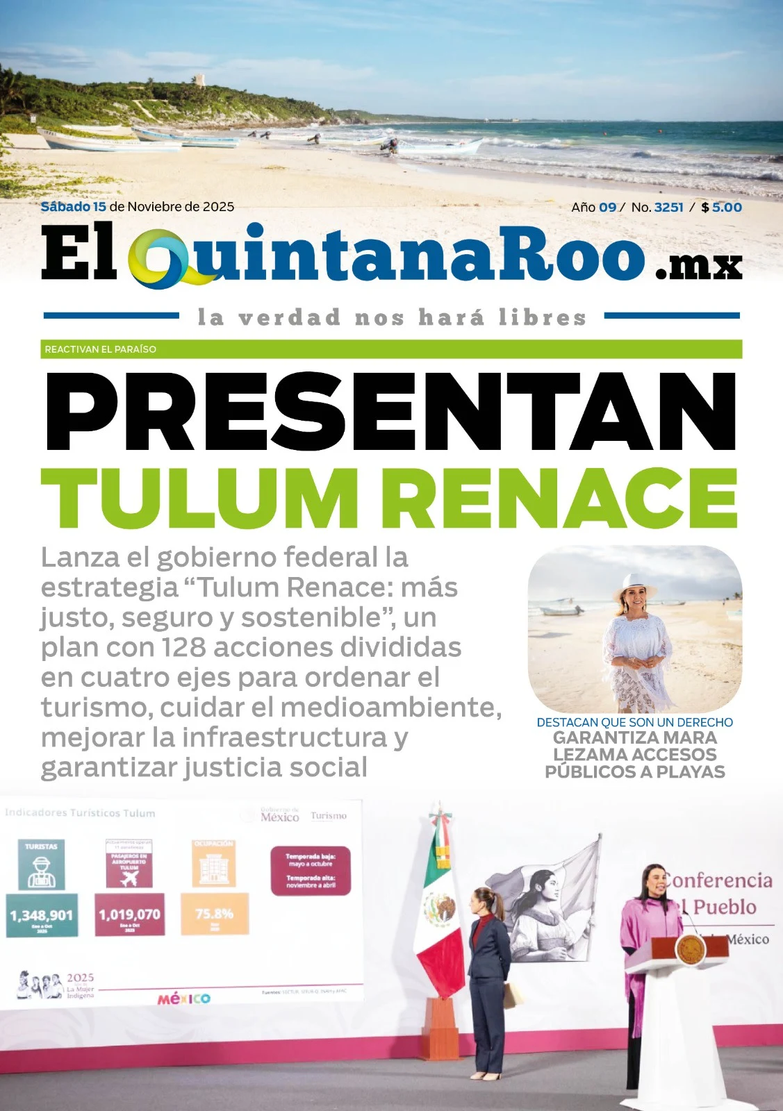 Portada de El Quintana Roo (portada) del sábado, 15 de noviembre de 2025