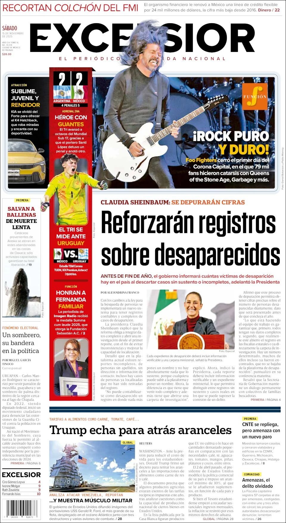Portada de Excelsior del sábado, 15 de noviembre de 2025