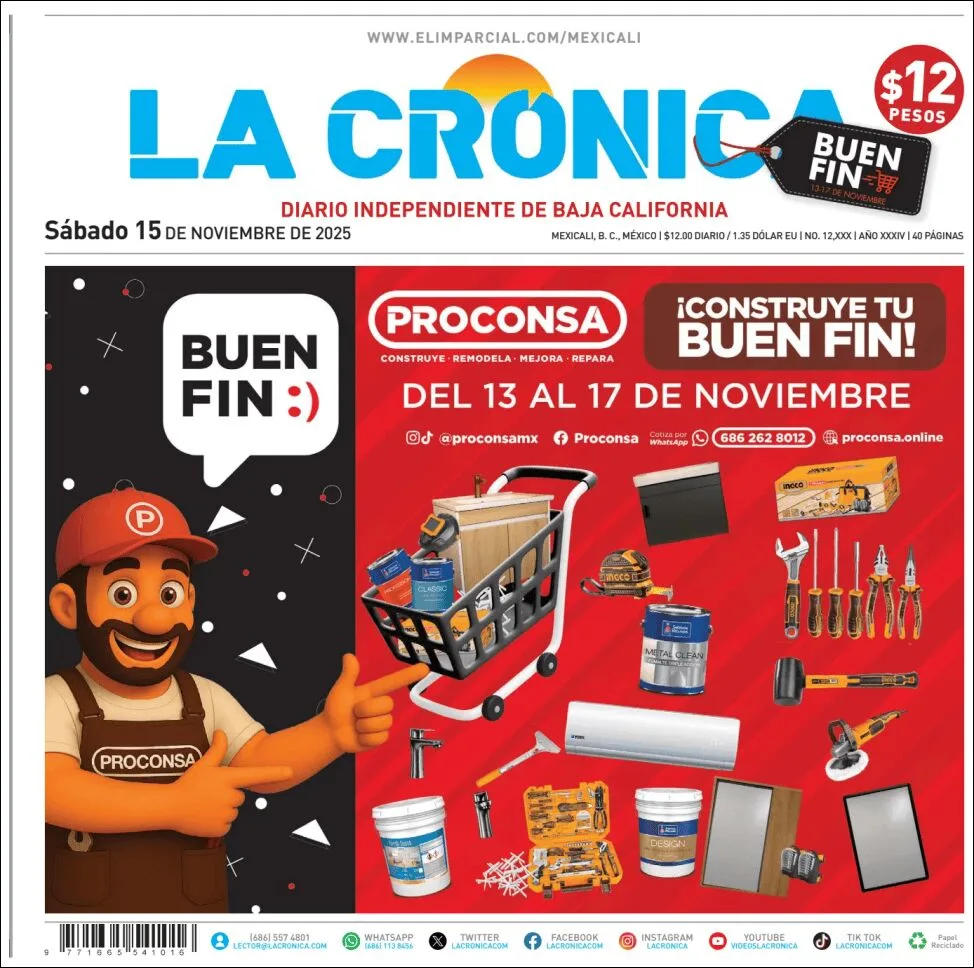 Portada de La Cronica del sábado, 15 de noviembre de 2025