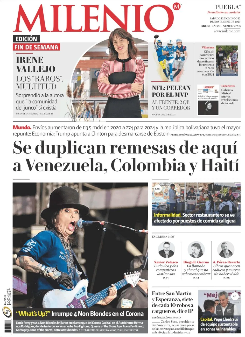 Portada de Milenio Puebla del sábado, 15 de noviembre de 2025